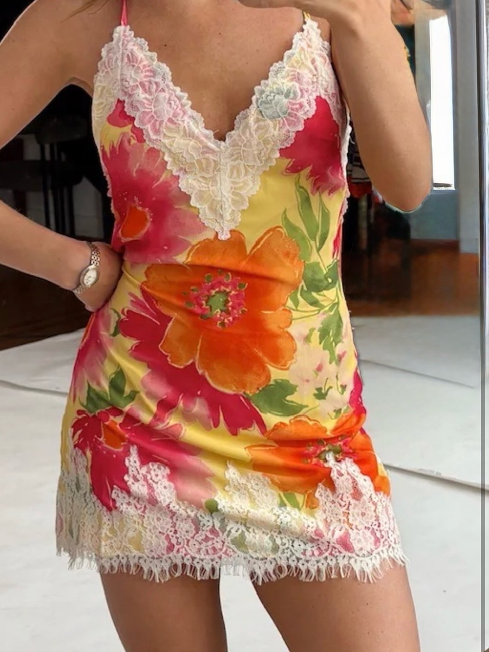 Floral Satin Slip Dress with Lace Trim